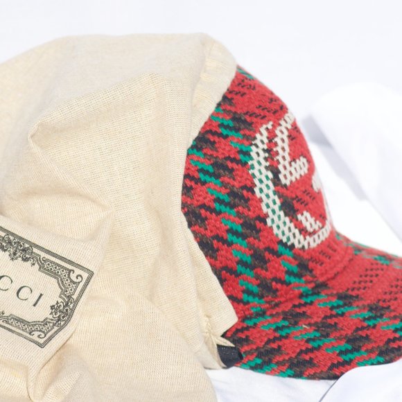 Gucci Houndstooth Baseball Hat With Interlocking G In Red And Green NEW W TAGS - Picture 2 of 9